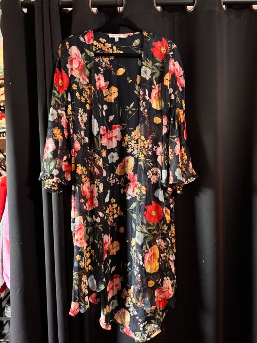 NWOT Grace & Lace Black Floral Sheer Kimono with Red and Pink Blooms